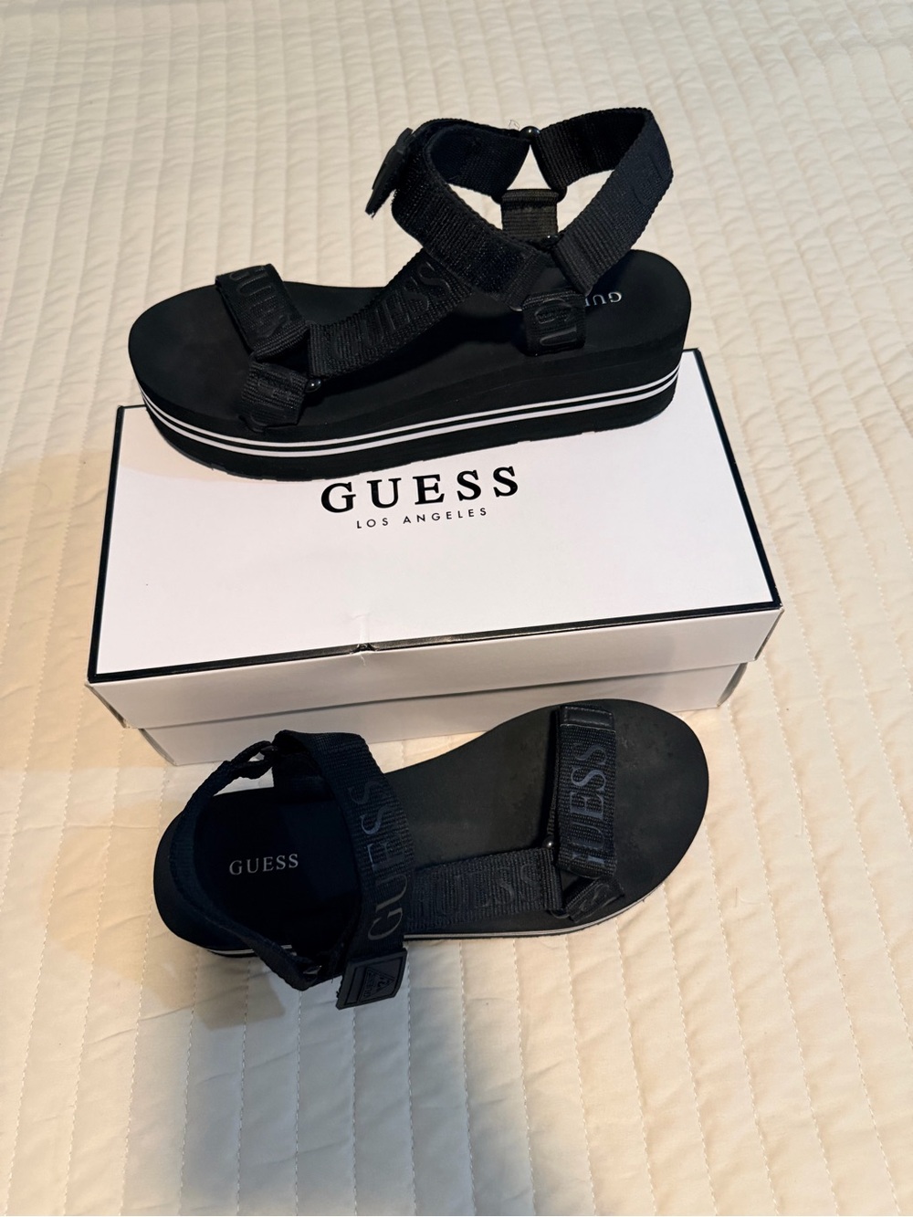 GUESS Black Platform Strap Sandals with Contrast Stripe